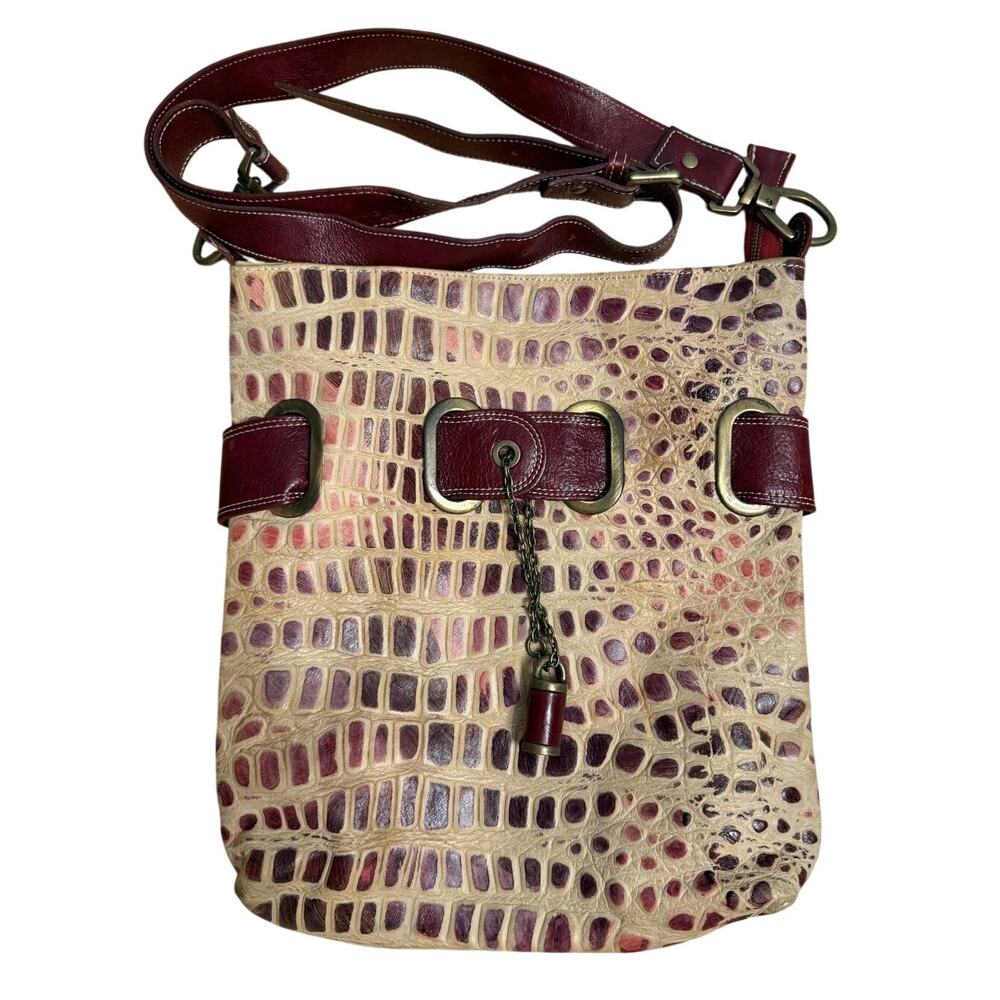 Ferromoda Italian Croc-Embossed Leather Crossbody Cherry Red Merlot Burgundy